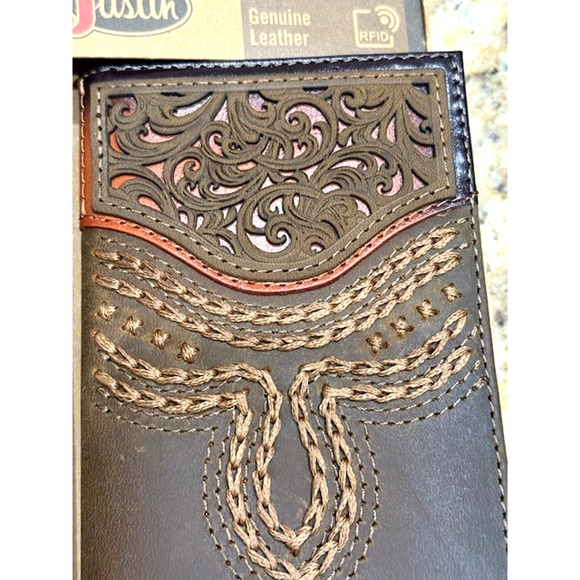 Justin Rodeo Wallet Brown Genuine Leather Tooled Western Stitch RFID Long Bifold - Picture 2 of 7